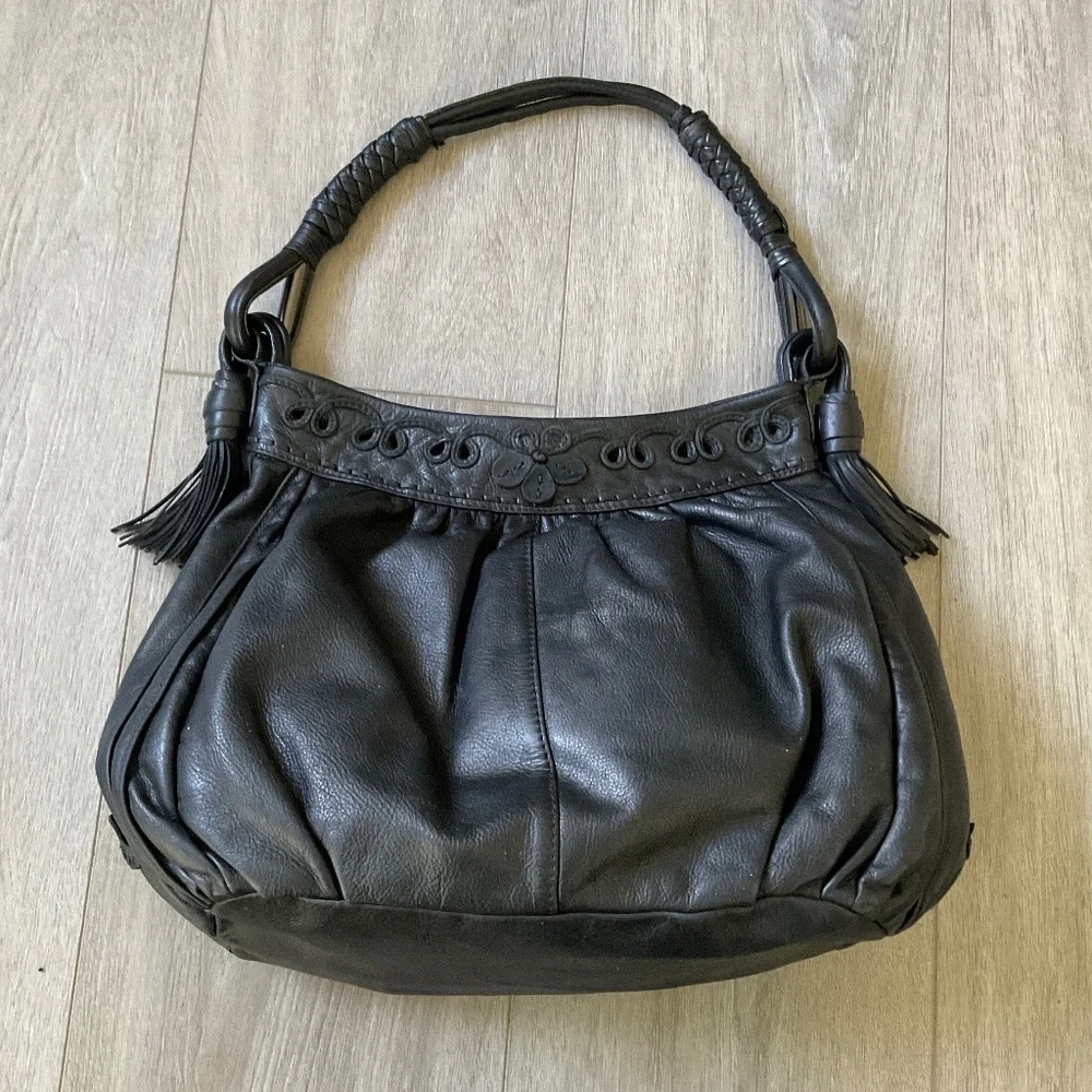 LOCKHEART Rare Black Leather Bag Floral Details